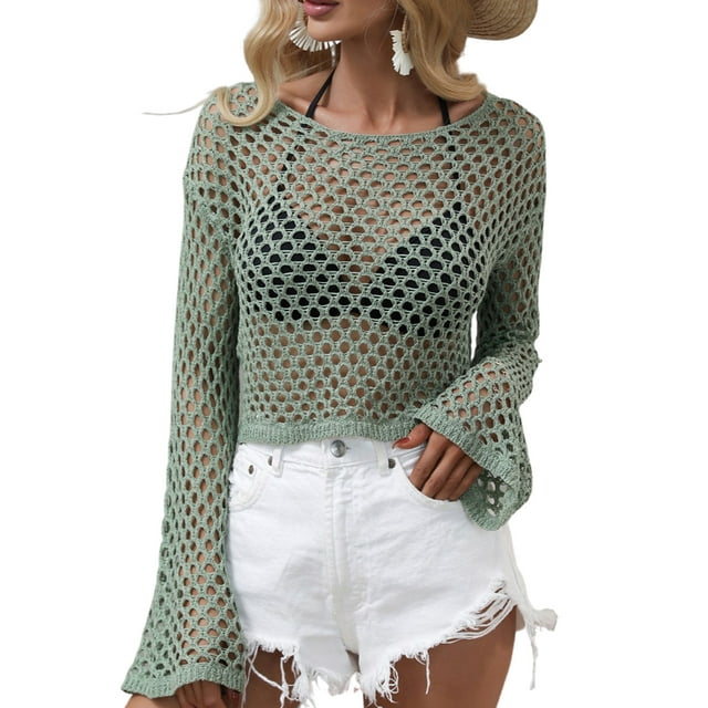 Licupiee Women Sexy Crochet Hollow Out Crop Top Mesh See-Through Long Sleeve Shirt Knitted Pullover Cover Up Tee