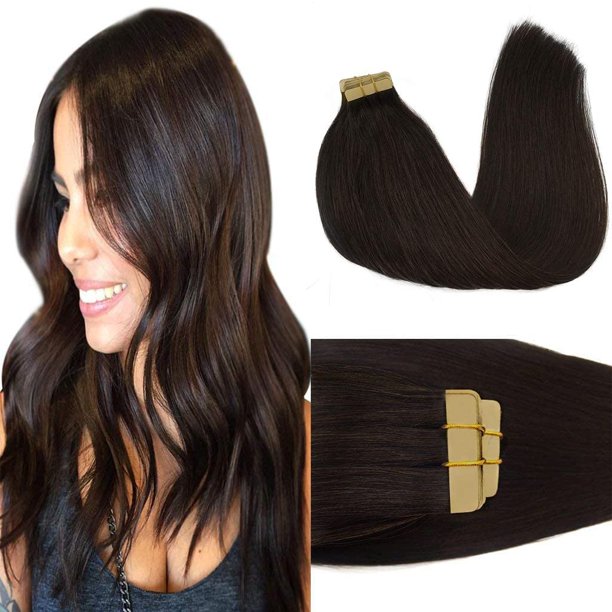 Goo Goo Extensiones de cabello con cinta adhesiva de cabello humano 2 marrón oscuro, 20 pulgadas, 50 g, 20 unidades de extremos gruesos, cinta recta sin costuras en cinta invisible en extensiones de c