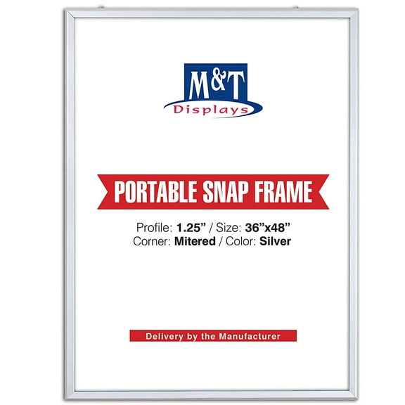 M&T Displays Portable Snap Frame, Poster Size, 1.25" with White Backing and Anti-Glare Pet Cover (36x48, Silver)