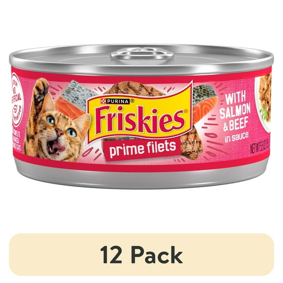 (12 pack) Purina Friskies Prime Filets, Salmon and Beef in Sauce, Wet Cat Food, 5.5 oz Can