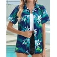 thumbnail image 2 of Women Tropical Shirt Summer Beach Hawaii Button Down Short Sleeve Blouses Floral Tops Deep Green Flowers M, 2 of 3