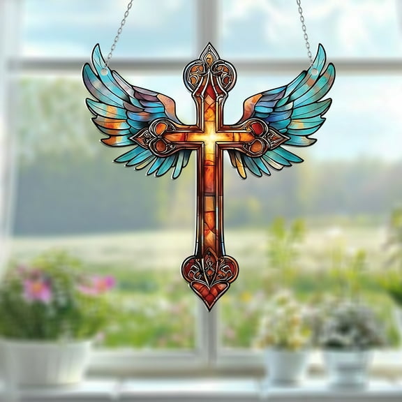 Elegant Cross Window Hanging Acrylic Flat 2D, Stained Glass Style with Vibrant Colors, Unique Religious and Inspirational Home Decoration, Perfect Gift for Faith and Art Enthusiasts