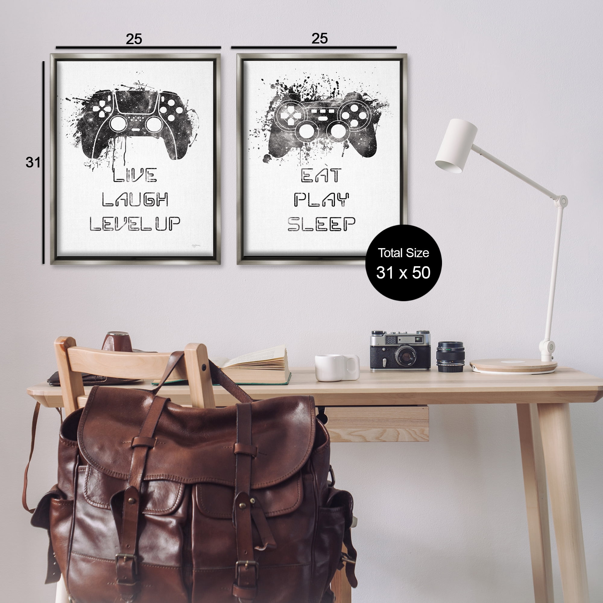 Stupell Industries Gamer Play Splash Controllers Text & Numbers Painting Gray Floater Framed Canvas Art Print Wall Art, 31 x 25, Set of 2