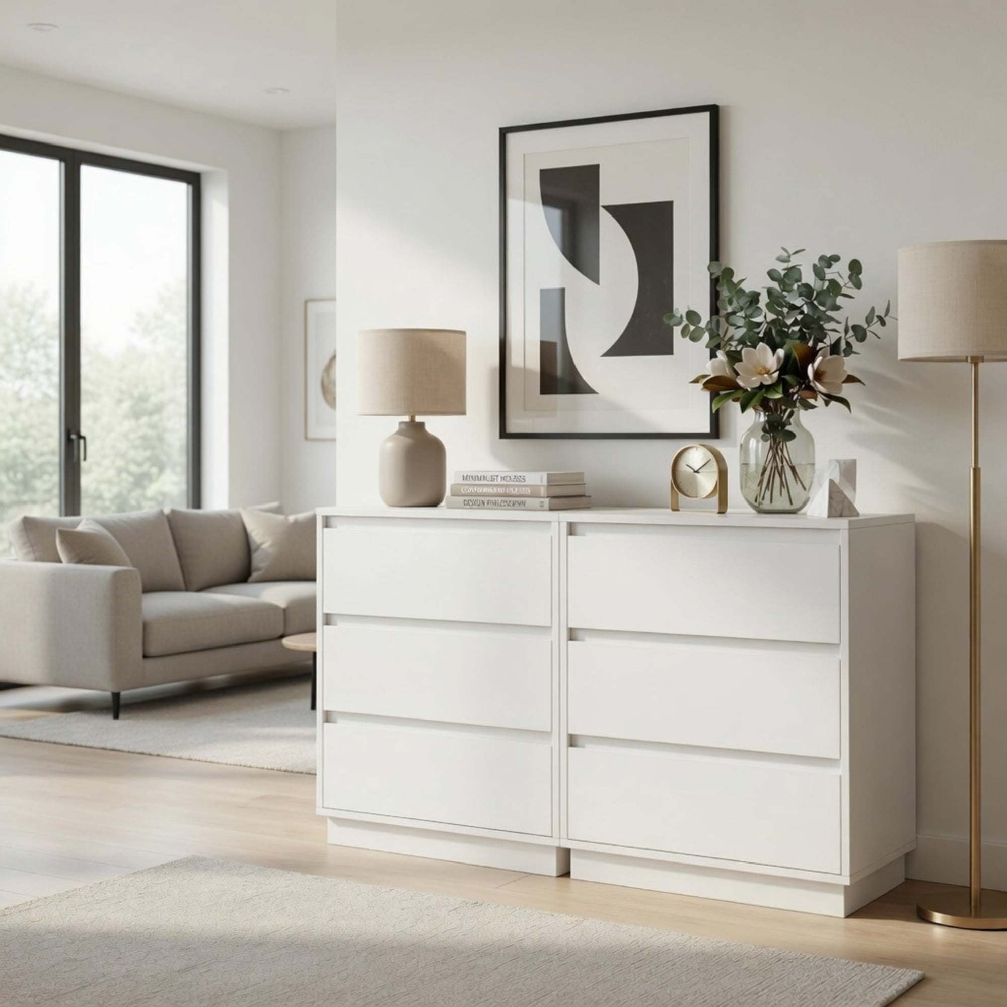 Set of 2, 23.6 Wide White Large Morden Wood Nightstand with 3 Drawers