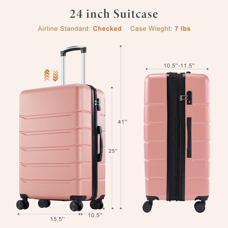 Sybels 24 Inch Carry On Luggage, Hard Shell Expandable Suitcase with TSA Lock and Double Spinner Wheels, Pink