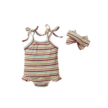 

Seyurigaoka 2Pcs Toddler Summer Outfits Stripes Tied Spaghetti Strap Romper + Headband
