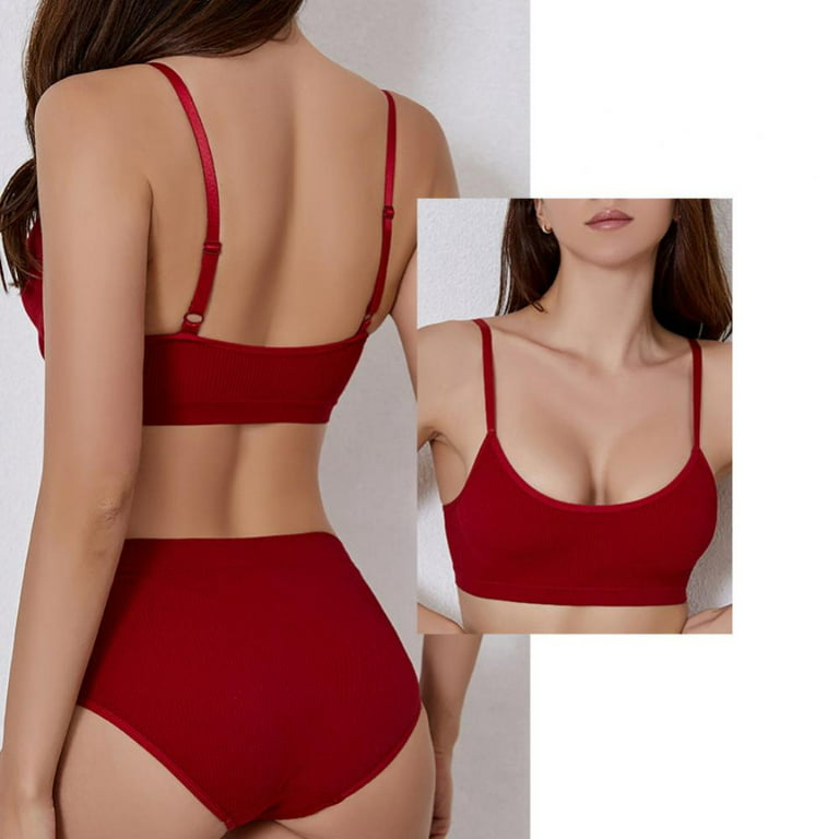 Women's Seamless Tanks Tops Bra Set Female Underwear Suit Wireless Ribbed  Crop Top Bra+Panty Ladies High Waist Underpants Soft Straps Bralette,Red XL