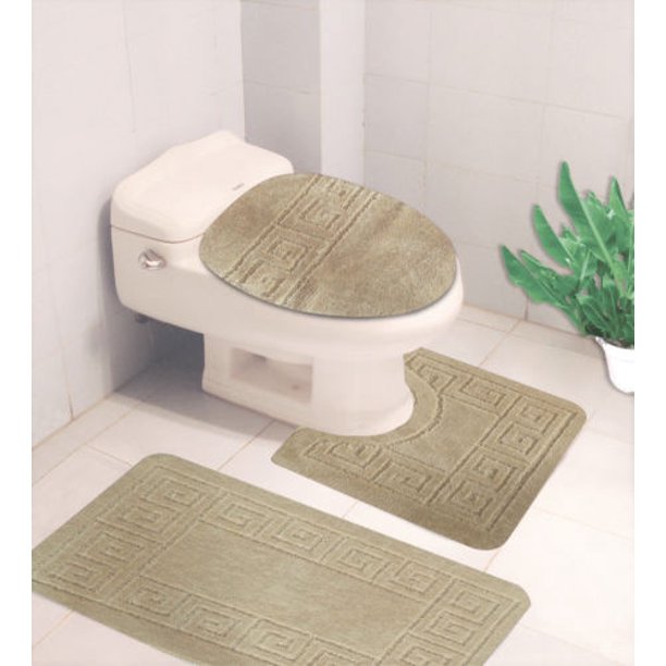 3PC GREEK DESIGN BEIGE Bathroom Bath Mat Set Includes, 1 Contour Mat, 1 Lid Toilet Cover, 1 Bath