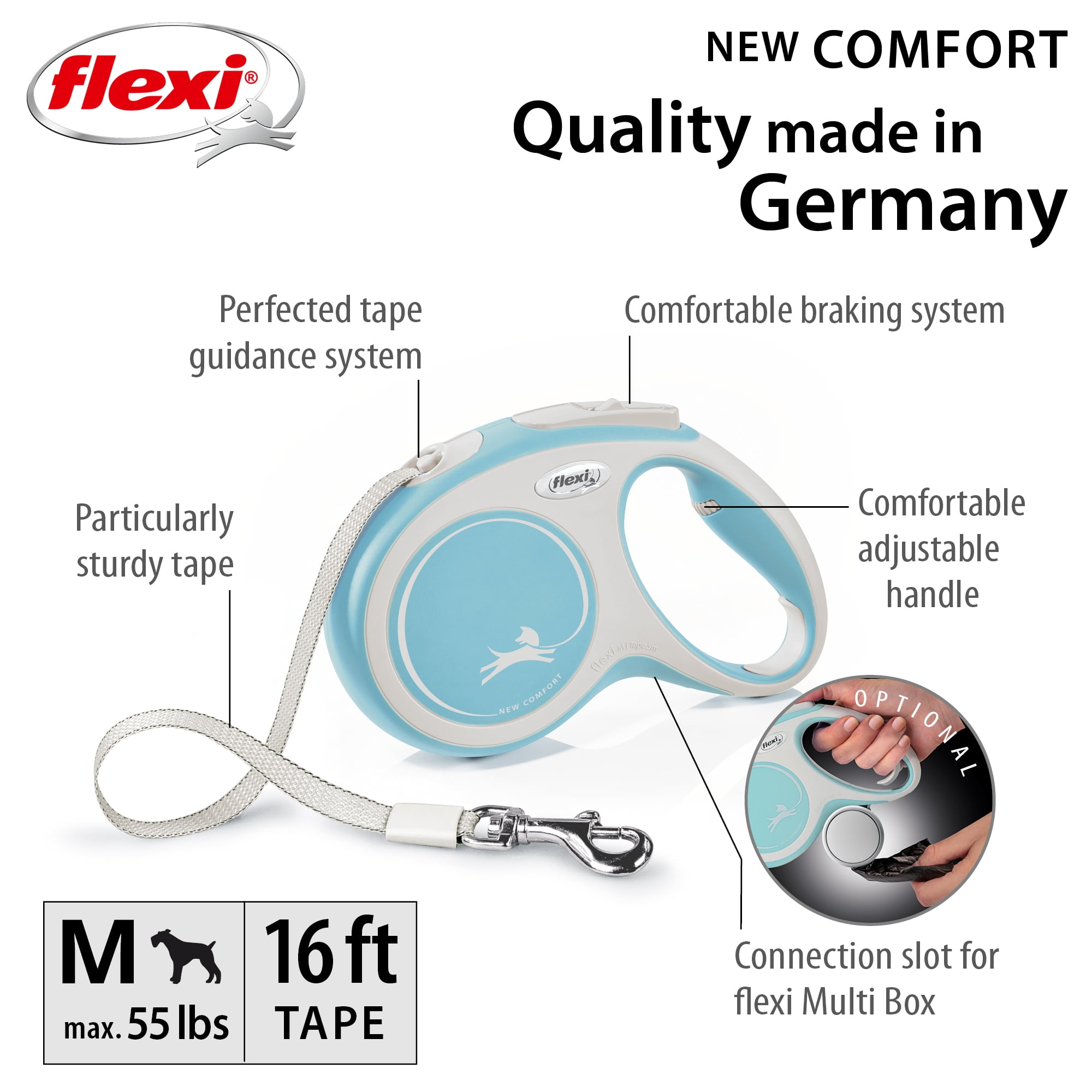 Flexi New Comfort Medium Tape Retractable Dog Leash, 16 ft, Blue (For Dogs up to 55 lbs)