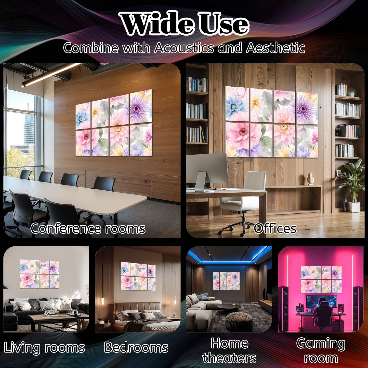 8 Pack Art Acoustic Panels Sound Absorbing Colorful Watercolor Floral Leaves Pastel Flowers Decorative Soundproof Wall Panels Self Adhesive for Nursery Game Room Bedroom 48"x32"