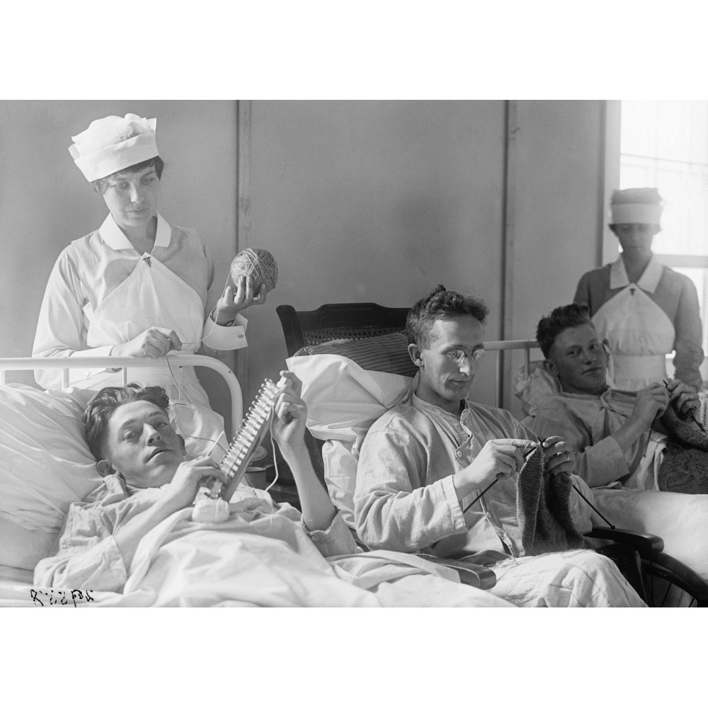 Walter Reed Hospital, C1918. /Nwounded Soldiers Knitting In Their Beds