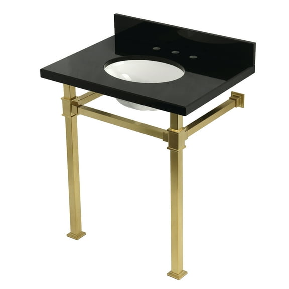 Kingston Brass KVPK30KOQ7 Monarch 30" Black Granite Console Sink with Stainless Steel Legs (8-Inch, 3-Hole), Black Granite/Brushed Brass