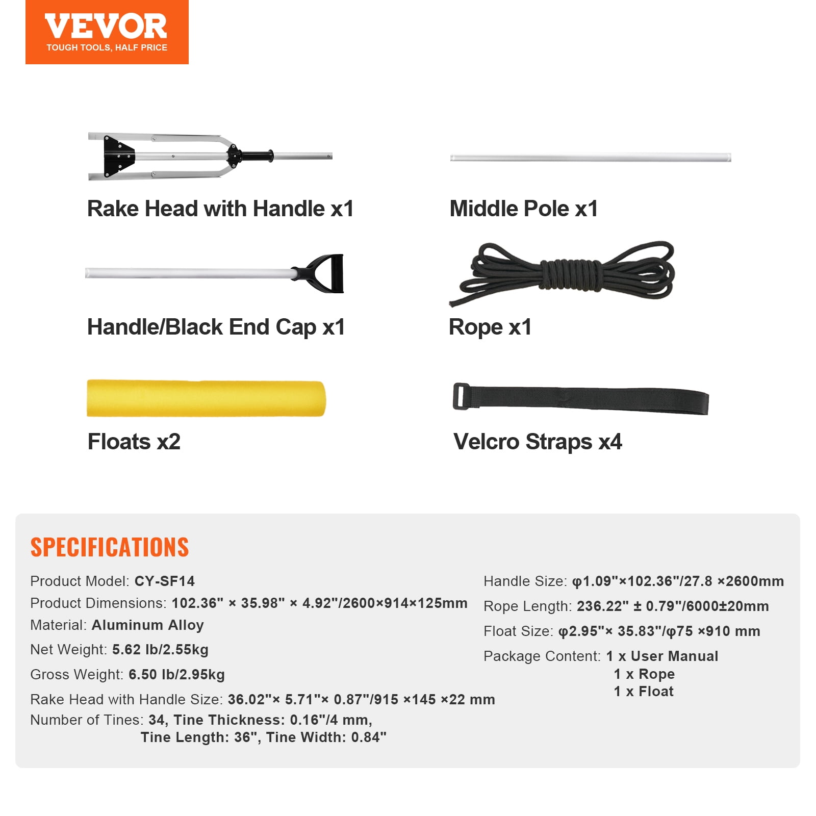 VEVOR Landscape Rake 36" Head Aluminum Landscape Rake 102.36" Adjustable Handle