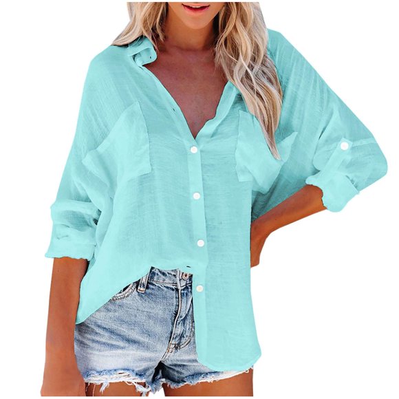 Timegard Womens Shirts Button down Tops Long Sleeve Lapel V Neck Blouse Fall Lightweight Shirts Tops