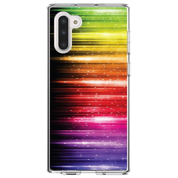 DistinctInk Clear Shockproof Hybrid Case for Samsung Galaxy Note 10 (6.3" Screen) - TPU Bumper, Acrylic Back, Tempered Glass Screen Protector - Rainbow Light Glowing Lines