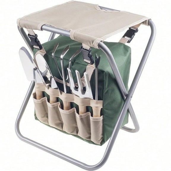 Folding With Tool Bag Plus 5 Garden Tools Garden Stool, Tan/ Green/ Silver (6 Count)