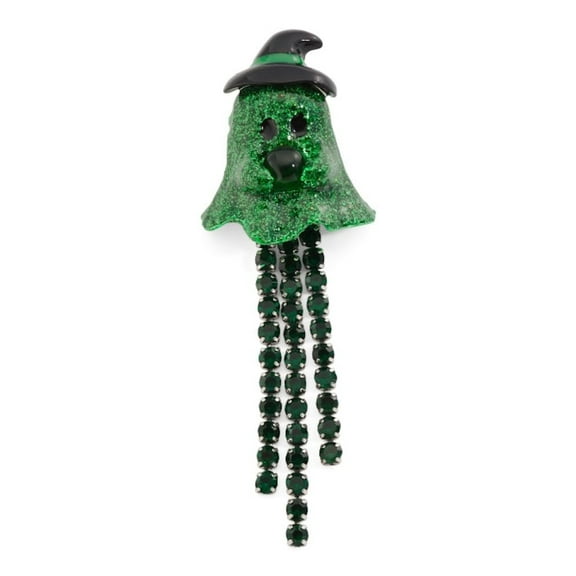 Betsey Johnson Crystal Ghost Witch Brooch, Green Glitter with Black Hat, Turn Lock Closure