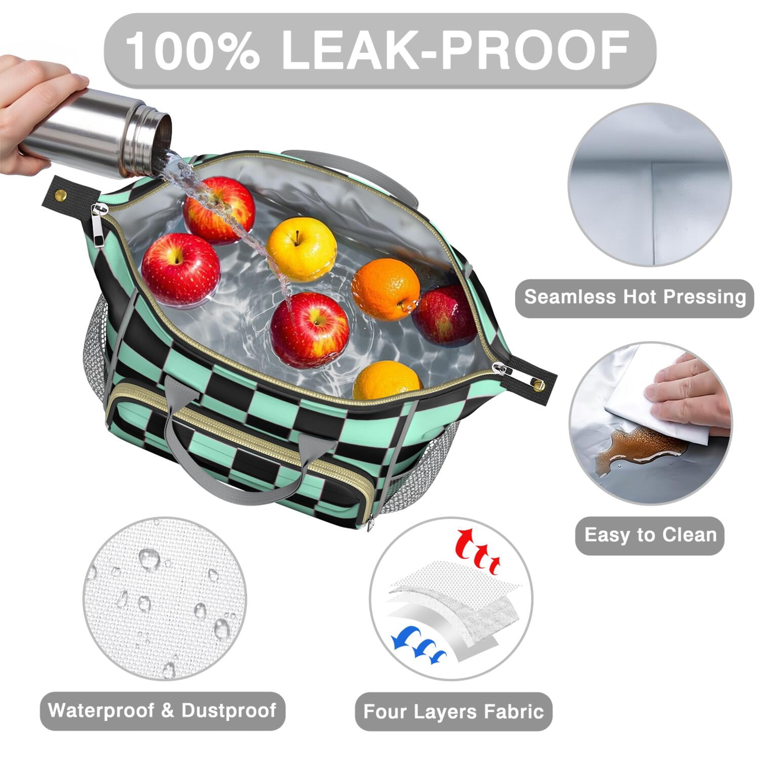 Colorful Checkered Leakproof Lunch Box - Large Insulated Cooler Bag with Multi-Pocket for School, Office & Travel