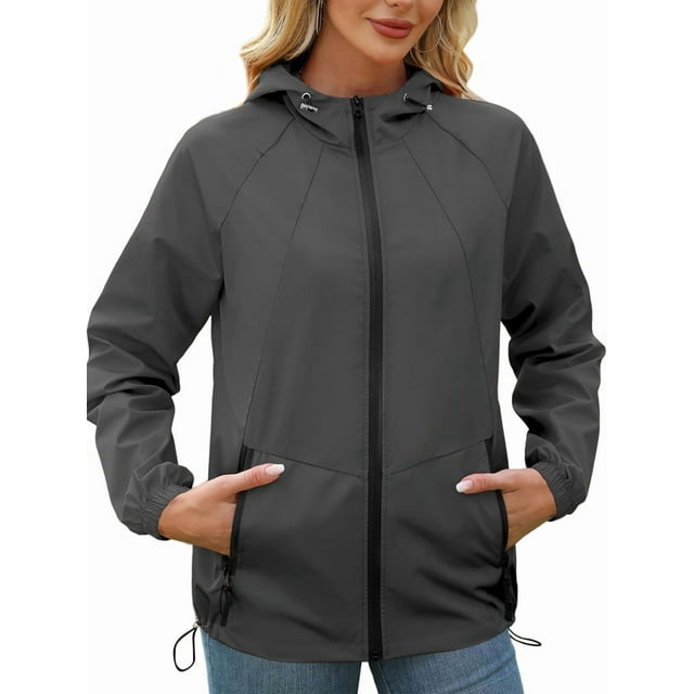 Chaqueta Impermeable para Mujer, Cortavientos, Impermeable, con Capucha, Plegable y Bolsillos. Gris Oscuro M