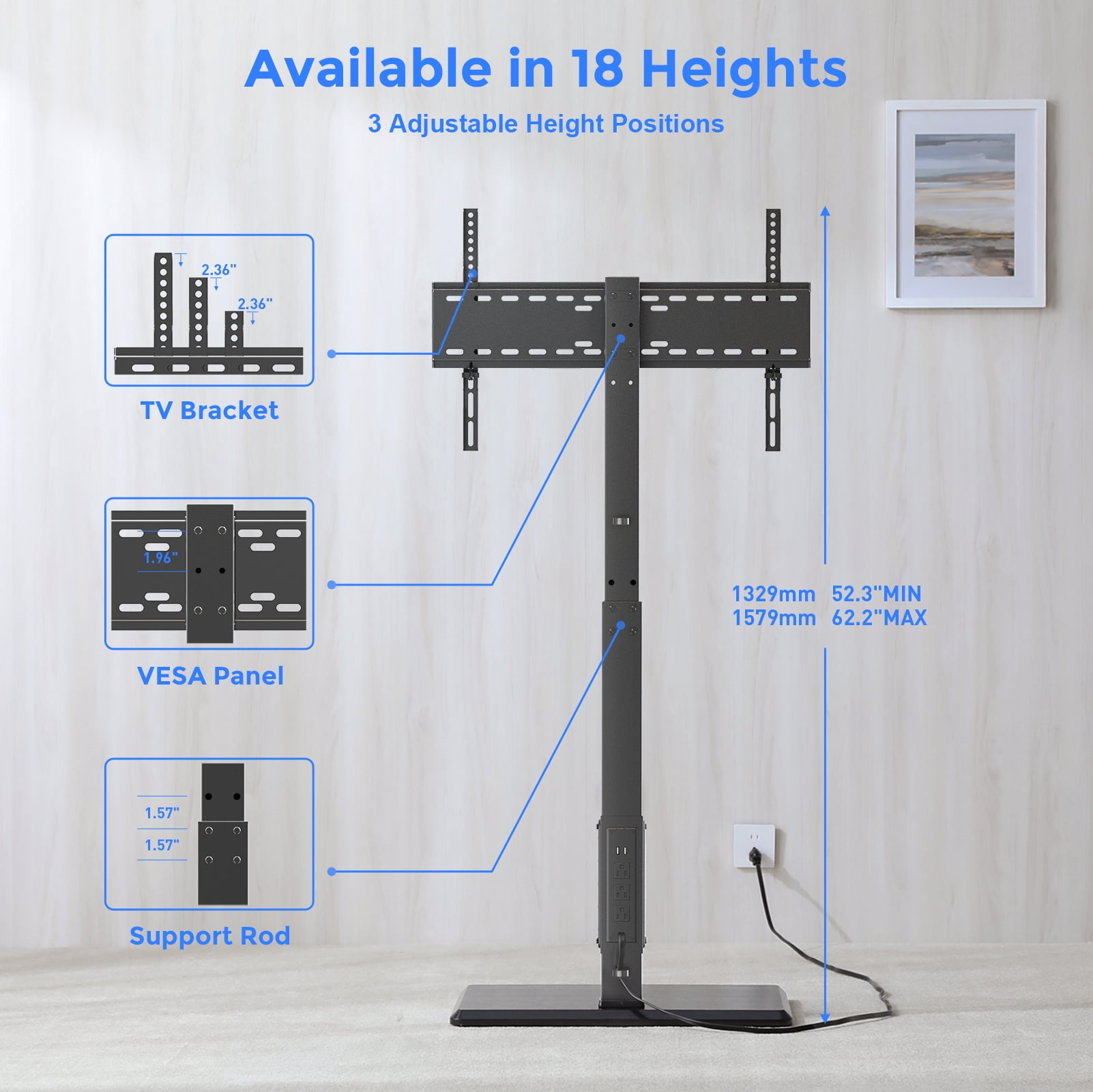 Universal Floor TV Stand,TV Floor Mount Stand with Power Outlet for 32-75 inch TV up to 110 lbs, Swivel and Height Adjustable Tall TV Stand for Bedroom,Office