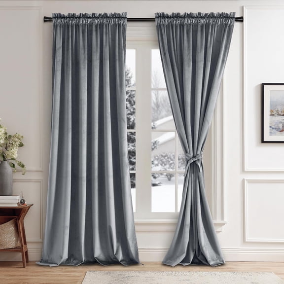 JIUZHEN Grey Velvet Curtains 96 inches for Living Room - Soft Retro Blackout Velvet Drapes Rod Pocket Room Darkening Thermal Insulated for Bedroom/Gallery, 52W x 96L, 2 Panels with Tiebacks