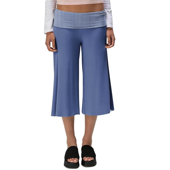 Fold Over Gaucho Pants for Women Flowy Wide Leg Yoga Capri Elastic Low Rise Striped Cropped Palazzo Culottes Dark Blue S