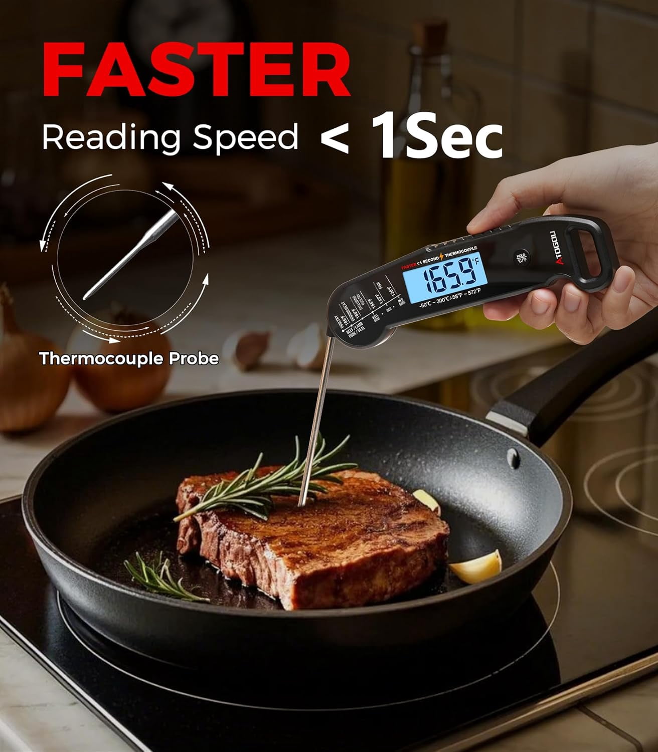 Meat Thermometer, Professional Food Thermometer, <1 Sec Instant Read, ±0.5℉ Accuracy, Thermocouple Sensor, Waterproof Digital Thermometer for Cooking, BBQ, Grill, Him Dad Birthday Gifts, Black