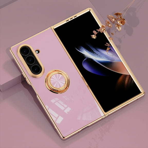 Electroplated Case for Samsung Galaxy Z Fold 7 with Rotatable Metal Ring Stand, Slim Plating Frame Bracket Cover Support Magnetic Car Mount, Shockproof Anti-Scratches Rugged Case, Lightpurple