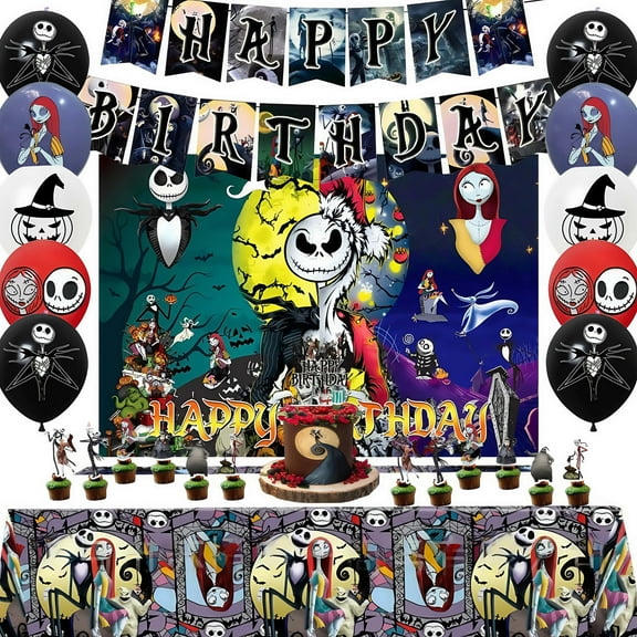Cartoon The Nightmare Before Christmas themed birthday party supplies decorations, including birthday banners, backdrops, tablecloths, balloonscake decorations, suitable for boys and girls party sets