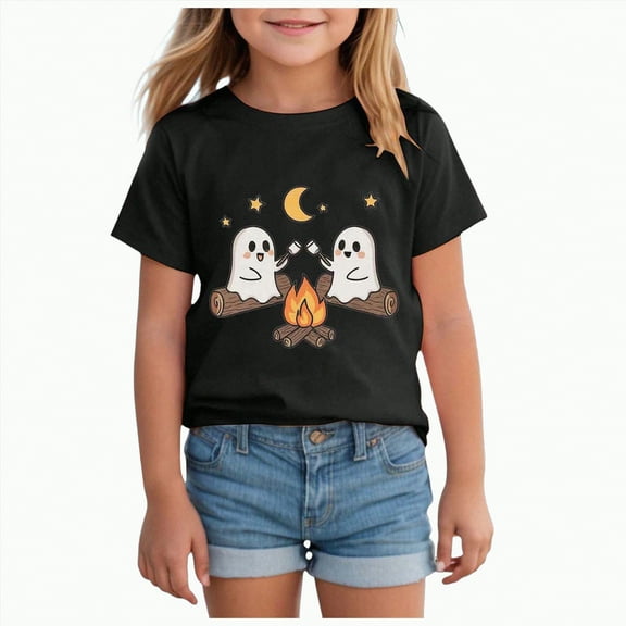 CAUYDY Halloween Shirts for Kids Toddler Pumpkin Ghost Skeleton Cotton Tshirt Clothes(Black,7-8 Y)