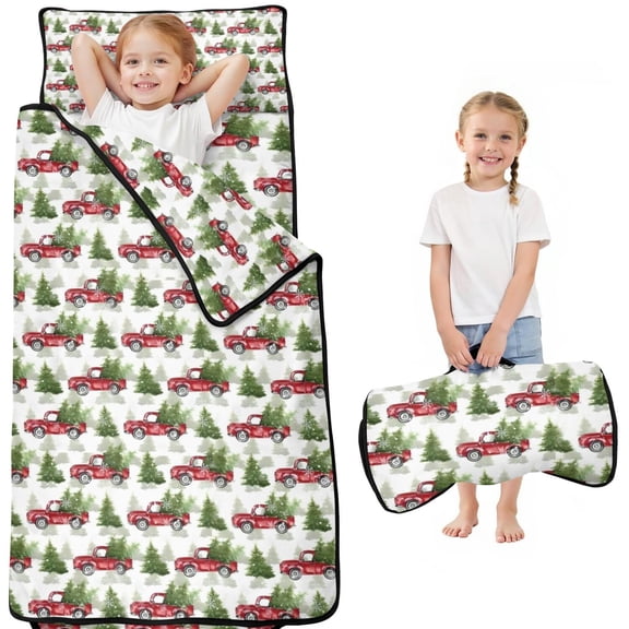 White Christmas Red Truck and Tree Pattern Toddler Nap Mats for Kids Preschool,50"x20" Sleeping Mat Bag or Kids,Toddler Sleeping Bag,Toddler Nap Mat or Daycare
