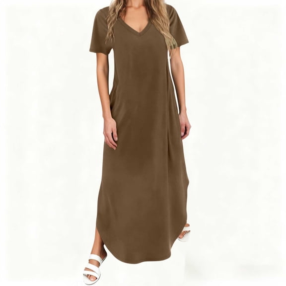 Roncen Women Summer Long Sundress Crewneck Short Sleeve Maxi Dress 2026 Casual Loose Beach Dress with Pockets