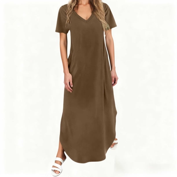 TaTaai Women Classic Casual Solid Color V Neck Short Sleeve Long Dress with Pockets Fashion Soft Stretchy Comfortable Dress for Daily Work Vacation Outfits Gift