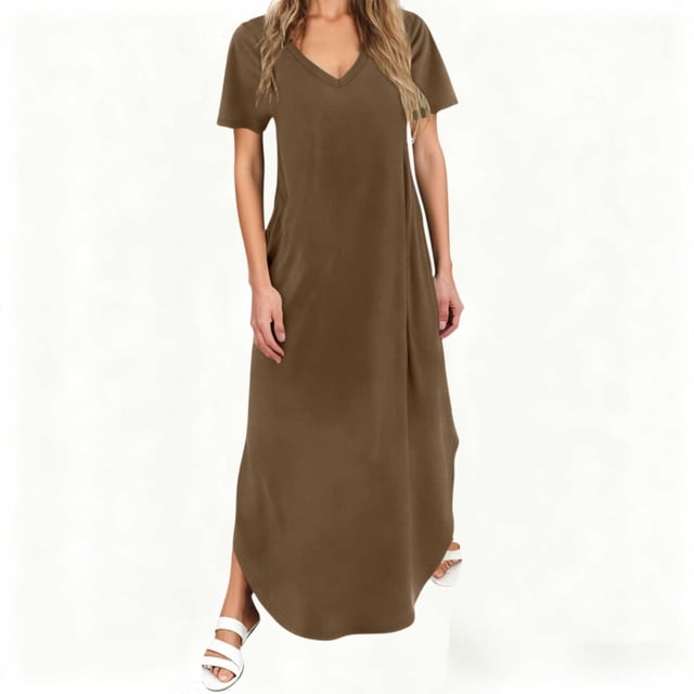 TIMIFIS Maxi Robes pour Femmes Été Manches Courtes Col en V Longue Robe Décontractée Ample Plage Vacances Boho Robes avec Poche
