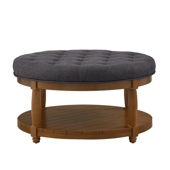 Dtwnek Upholstered Linen Ottoman Coffee Table with Shelf, Round Footrest for Living Room, Bedroom, Dark Gray