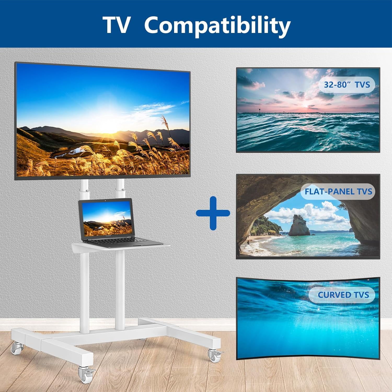 RTVR Rolling TV Stand on Wheels for 32-83 inch Flat Screens up to 110lbs, Portable Mobile TV Stand Height Adjustable Shelf, White