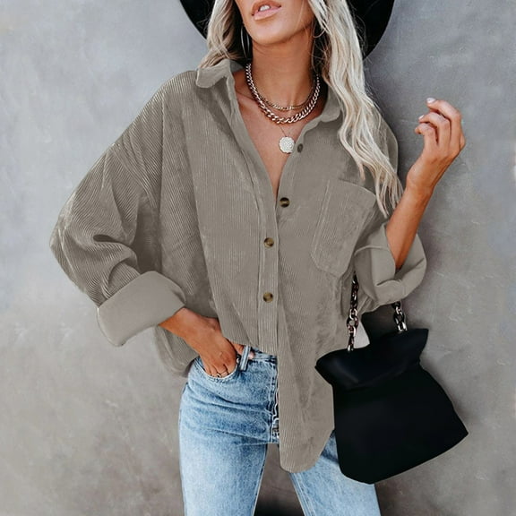 Gray Women Shirts, Womens Corduroy Button Down Shirt Oversized Blouses Tops Long Sleeve Casual Warm Jacket With Pockets,Women Shirts S