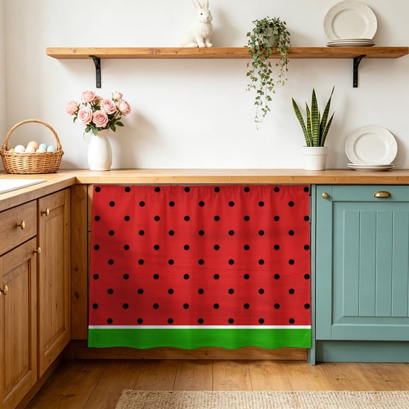Watermelon Cabinet Curtain 28"Wx35"L, Dustproof Under Sink Skirt with Self Adhesive Tape, Black Polka Dots Green Summer Fruits Cabinet Curtain Cover for Bathroom Vanity, Kitchen Sink, Laundry Room