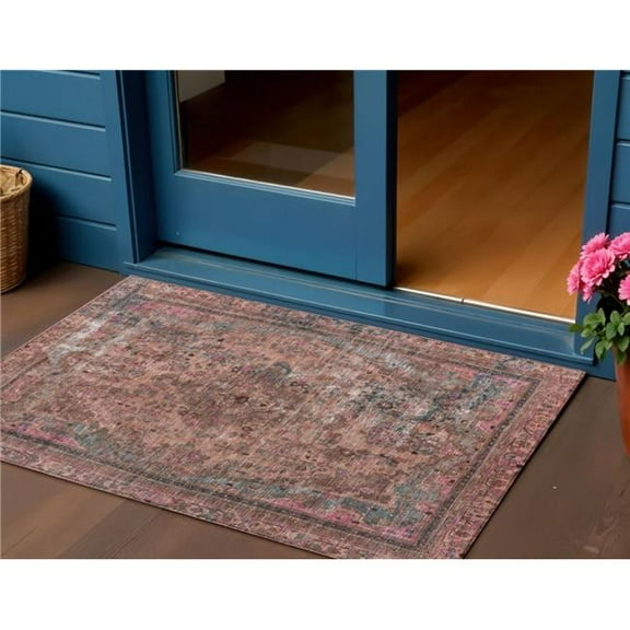 HomeRoots 616070 3 x 5 ft. Pink & Mauve Medallion Washable Indoor & Outdoor Rectangle Area Rug