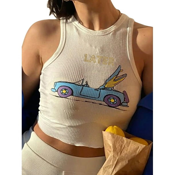 Lucakuins Mujeres Casual Crop Tops, Cartoon Car Letter Impreso Slim Fit Sin Mangas Chaleco Acanalado