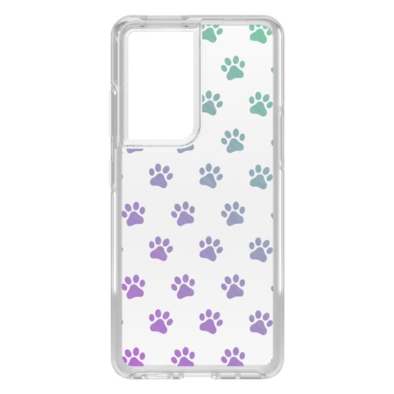 DistinctInk Clear Shockproof Hybrid Case for Galaxy S21 ULTRA 5G (6.8" Screen) - TPU Bumper, Acrylic Back, Tempered Glass Screen Protector - Graident Pawprints - Purple to Green