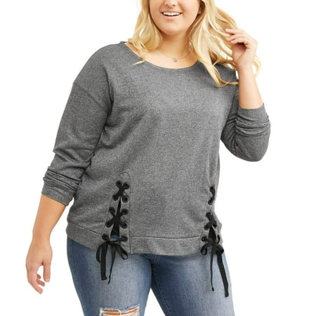 Junior Plus Lace Up Sweatshirt Scoop Neck Top