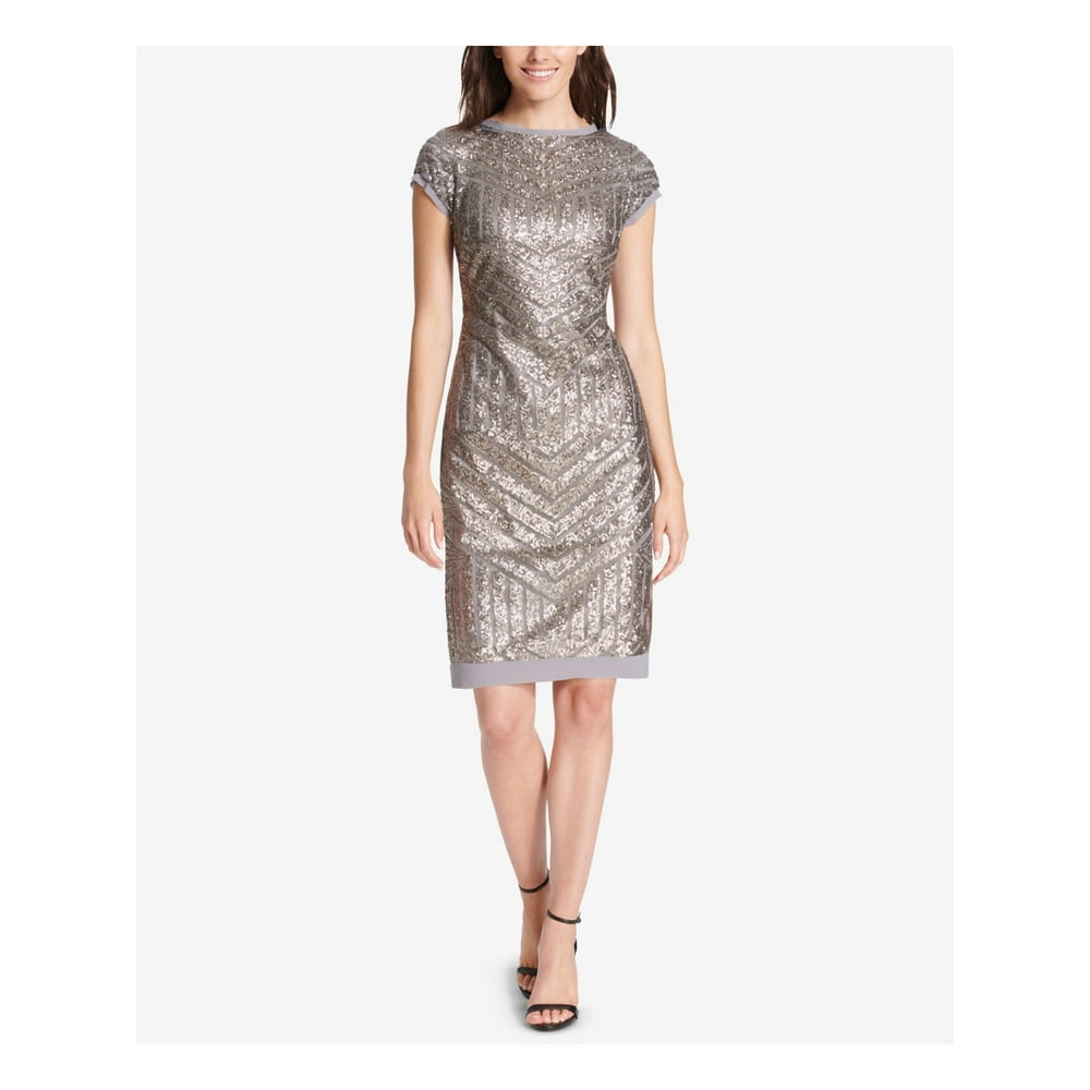 Vince Camuto - VINCE CAMUTO Womens Gray Sequined Short Sleeve Jewel Neck Above The Knee Sheath