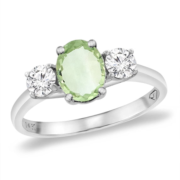 14K White Gold Natural Green Amethyst & 2pc. Diamond Engagement Ring Oval 8x6 mm, size 6