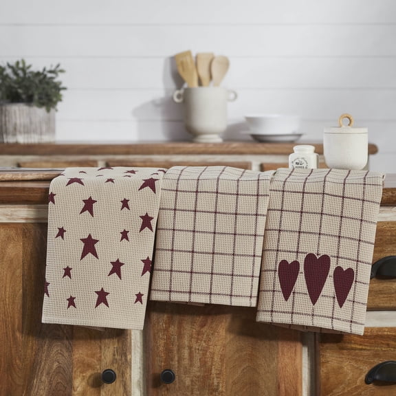 VHC Brands Cotton Kitchen Towel Set of 3, Printed, Tea Towel, Dish Towels, Connell Collection, Rectangle 28x19, Burgundy