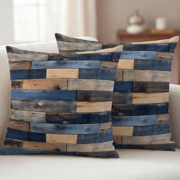 Pack of 2 Outdoor Pillow Covers 24x24 Inch Waterproof Navy Blue Brown Wood Throw Pillow Covers,Decorative Couch Pillow Shams Protectors Farmhouse Vintage Wooden Patio Pillowcases Cushion Covers