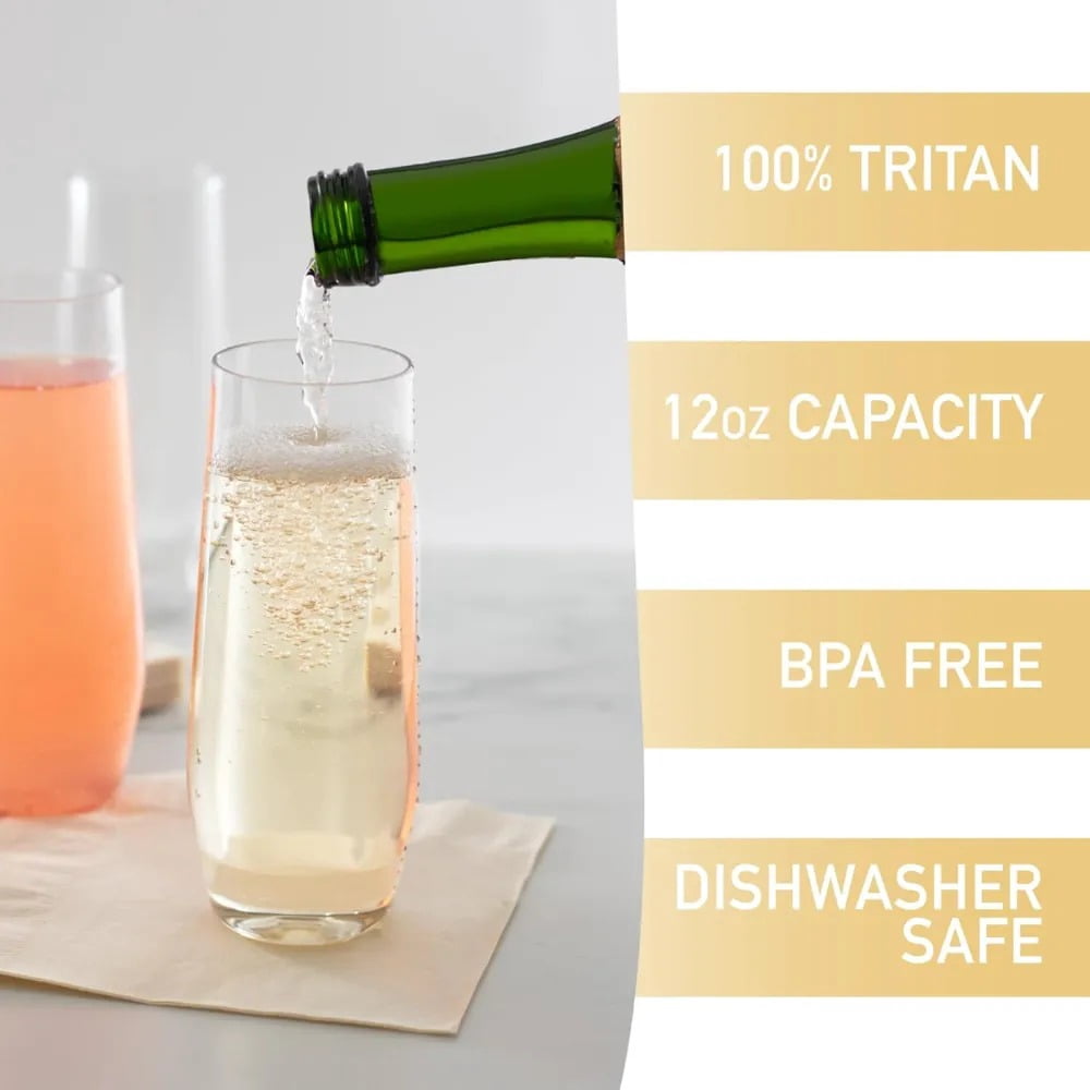D'Eco Unbreakable 12 oz Champagne Flutes (Set of 8) - 100% Tritan Reusable Mimosa & Champagne Glasses - Perfect Cocktail Glasses for Hosting Parties Indoors & Out - Great Graduation Gift