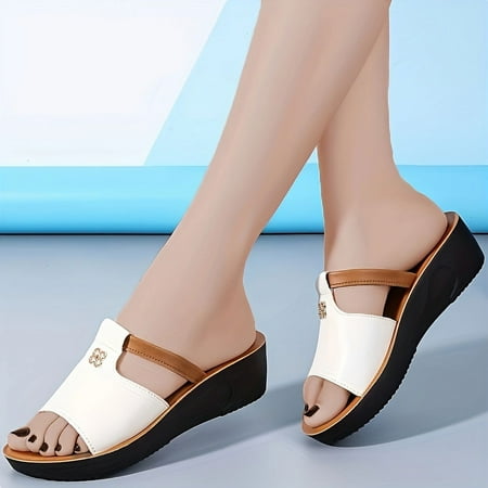 Women s Non-slip Wedge Summer Shoes  Solid Color Platform Sandals  Slip On Buckle Decor Soft Sole Casual Slides-38