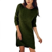 Women O Neck Long Sleeve Solid Color Loose Casual Dress