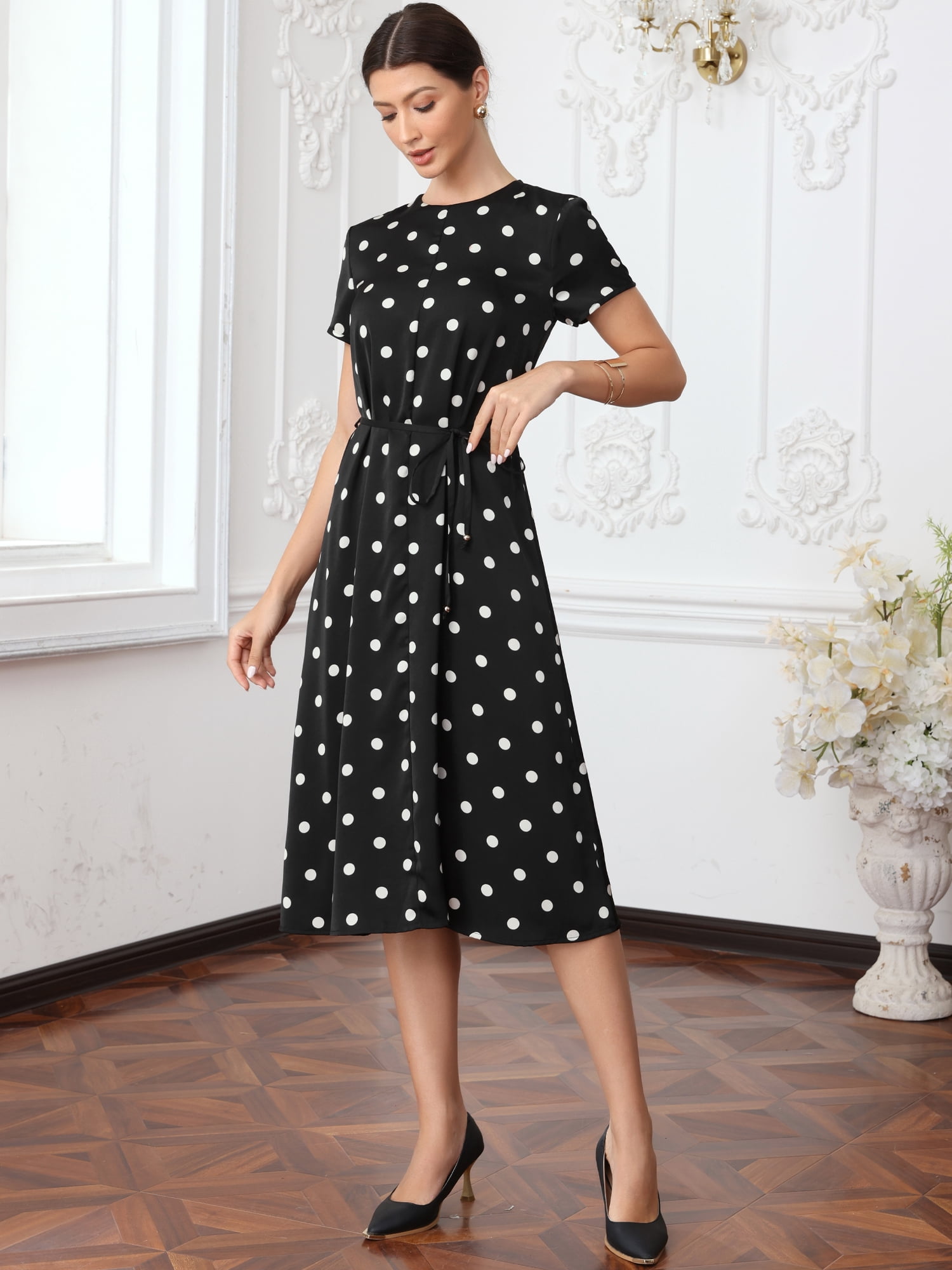 DARING DIVA Women's Polka Dots Short Sleeve Crew Neck Casual Belted Midi Dress M Black